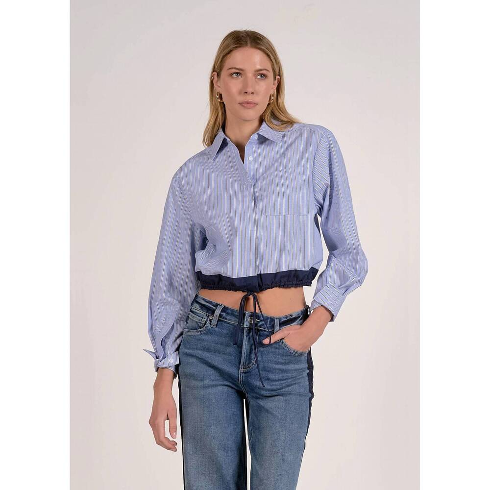 NEW ELAN lana cinched button down top in blue stripe